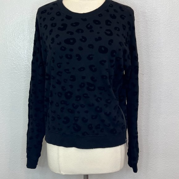 Rails Marlo Flocked Leopard Print Sweatshirt Side Zips Crew Neck Black Size L - Picture 3 of 9
